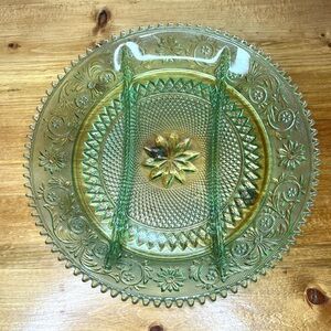 Vtg Tiara Indiana Glass Chantilly Green Sandwich 3 Part Relish 12" Tray Platter